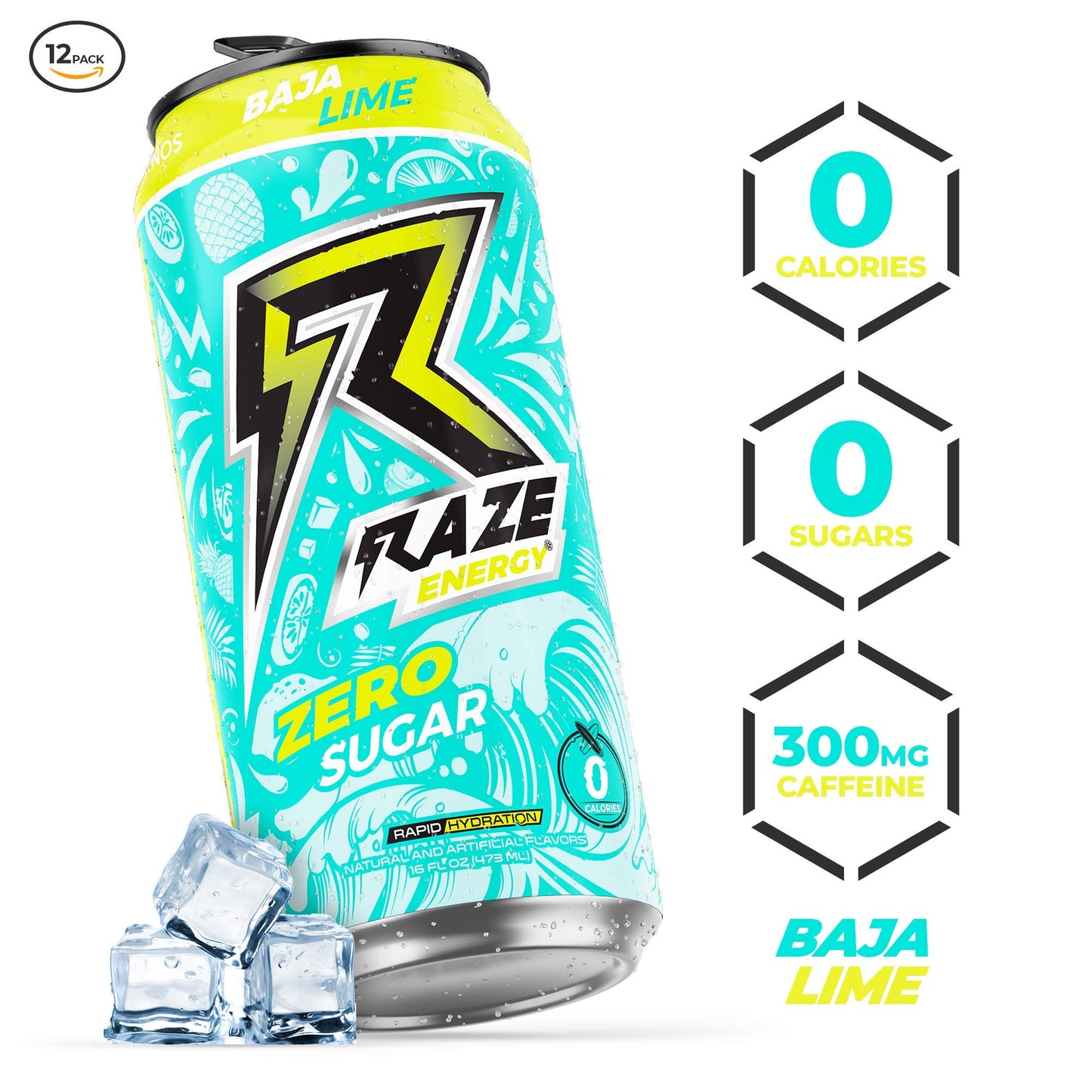 Repp Sports RAZE Zero Sugar Energy Drink, 300mg Caffeine, 12 Pack, 16 Fl Oz, Baja Lime Flavor