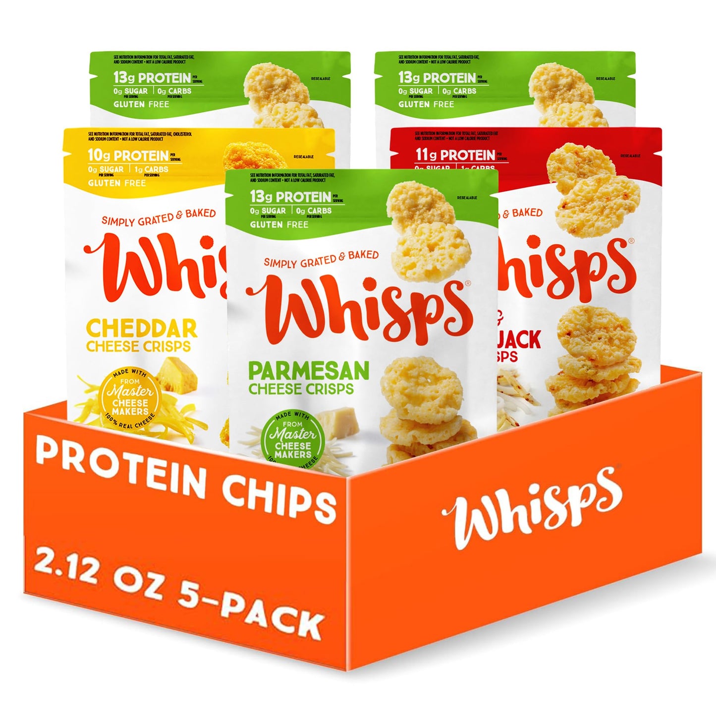 Whisps Cheese Crisps Variety Pack | Protein Chips | Healthy Snacks | Protein Snacks Gluten Free High Protein Low Carb Keto Food | Parmesan Cheddar Asiago (2.12 Oz 5 Pack)