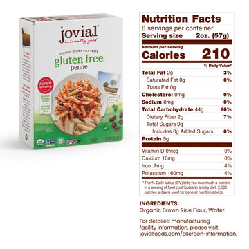 Jovial Whole Grain Brown Rice Penne Pasta - Pasta Penne, Penne Pasta, Whole Grain Pasta, Organic Pasta, Gluten Free, Dairy Free,