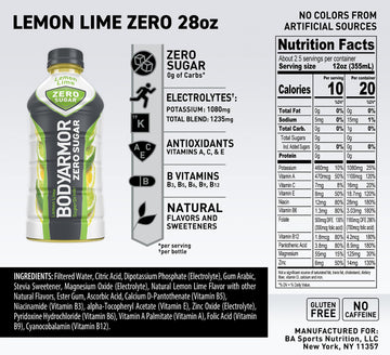 BODYprotective covering ZERO Sugar Lemon Lime Sugar Free Sports Drink - Low-Calorie Hydration - Natural Flavors with Potassium Packed Electrolytes Antioxidants and B-vitamins 28 fl oz (Pack of 12)