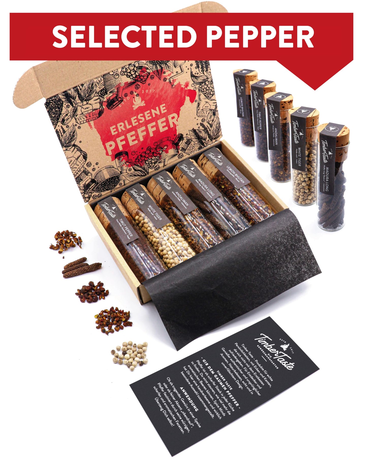 Pepper Gift Set – 5 Exotic Spices World S – Mens Stocking Stuffers For Men, Gift Sets For Dad, Gourmet Food Christmas Box For Him, Present Basket - Timber Taste®