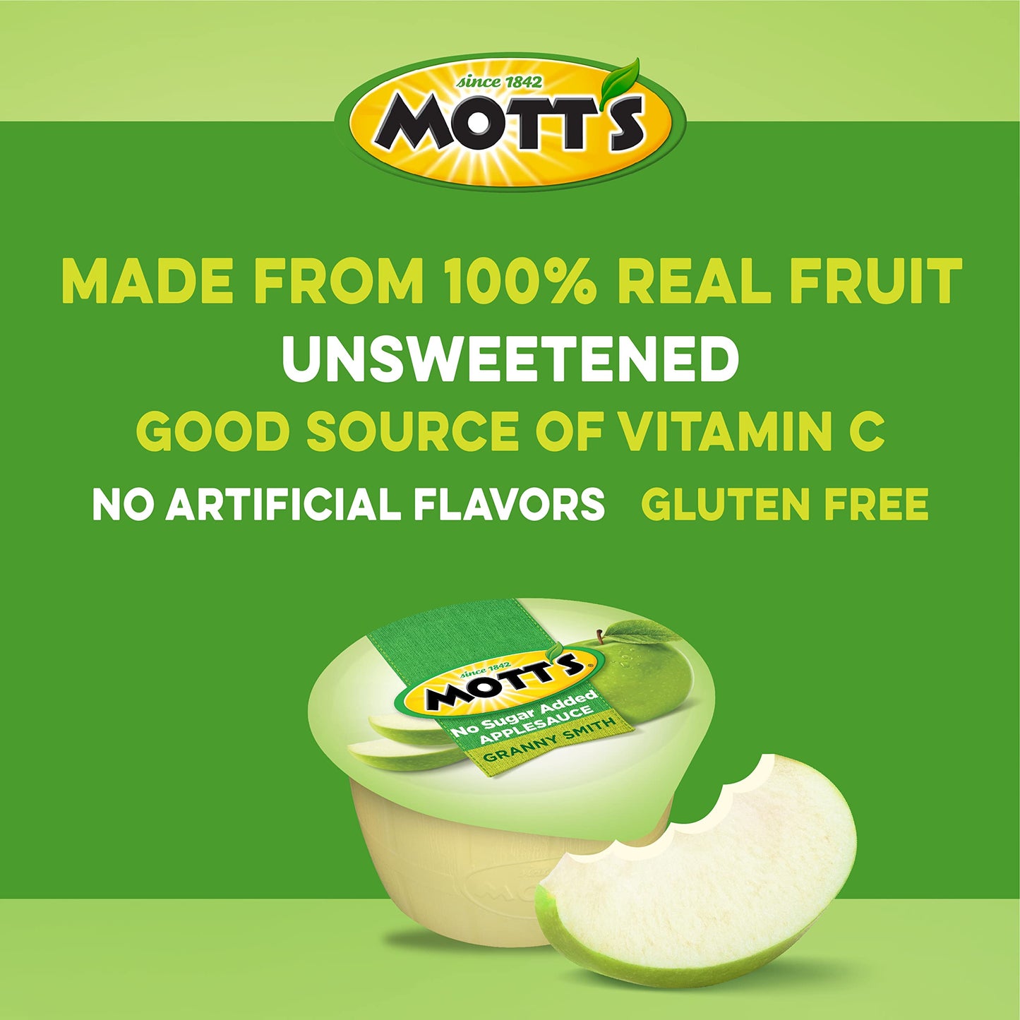 Mott'S No Sugar Added Granny Smith Applesauce, 3.9 Oz Cups, 72 Count (12 Packs Of 6), Good Source Of Vitamin C, No Artificial Fl