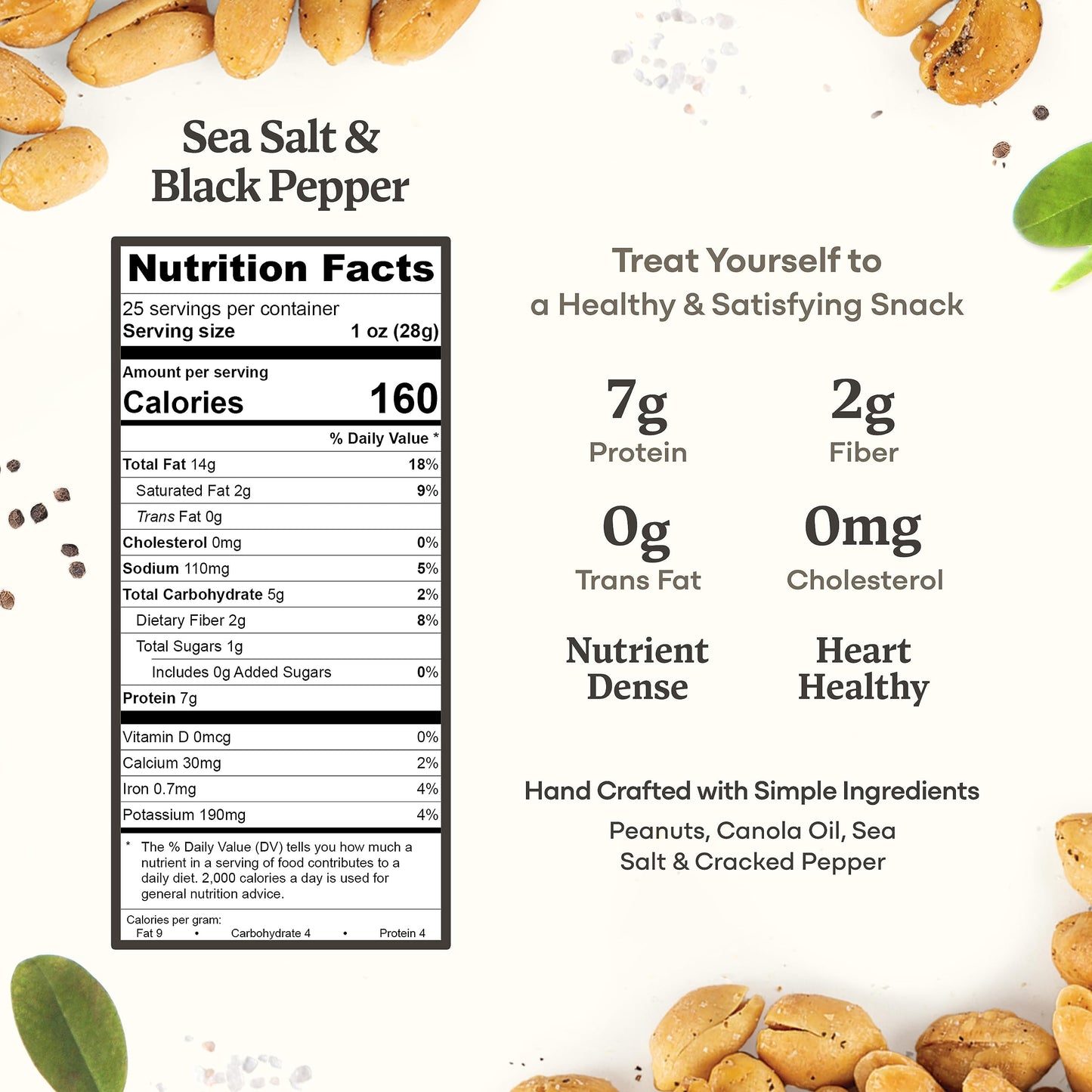 Belmont Peanuts Gourmet Sea Salt & Black Pepper Virginia Peanuts, 25 oz, 4 Simple Ingredients, No Preservatives, 7g Protein