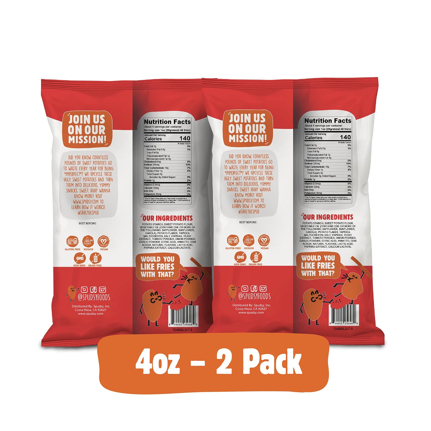 SPUDSY Spicy Sweet Potato Fries | Vegan, Gluten Free | 2 Pack, 4 oz Bags