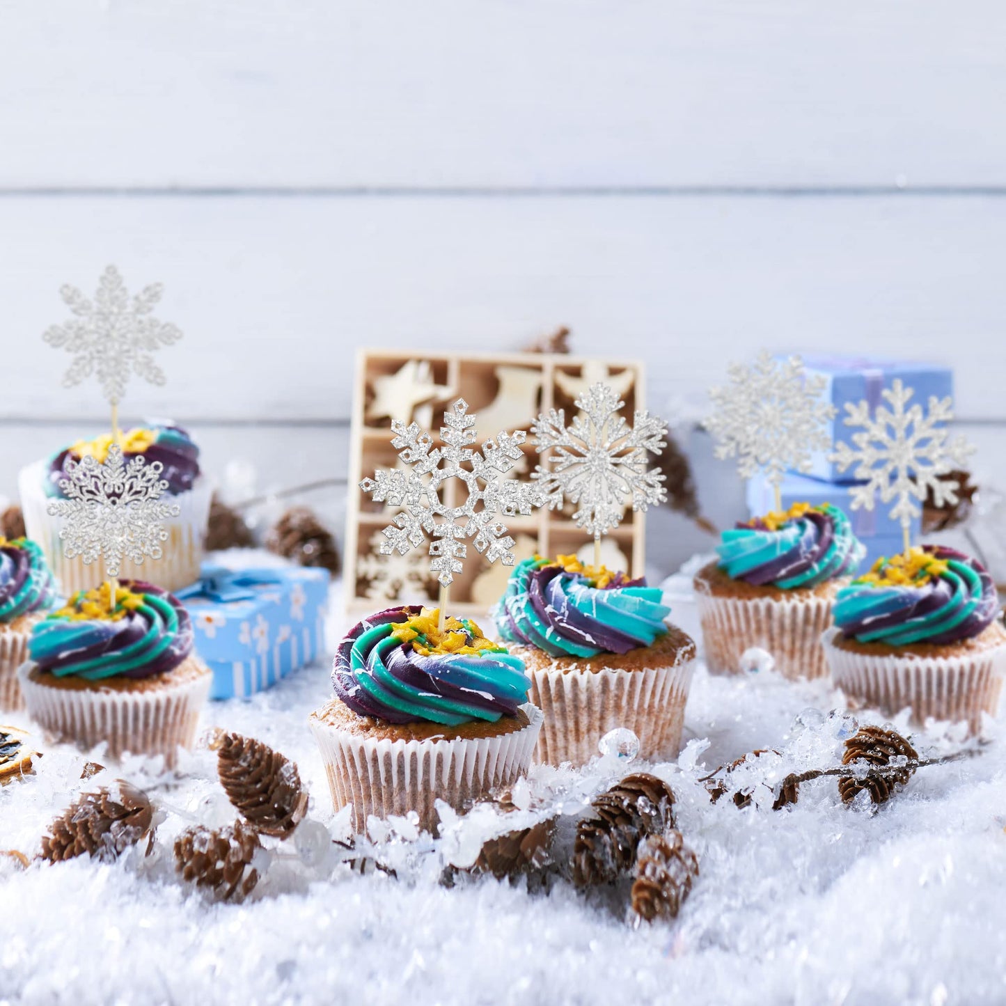 Gyufise 36Pcs Snowflake Cupcake Toppers Glitter Winter Frozen Theme Snowflake Cupcake Picks For Winter Wonderland Baby Shower Ki