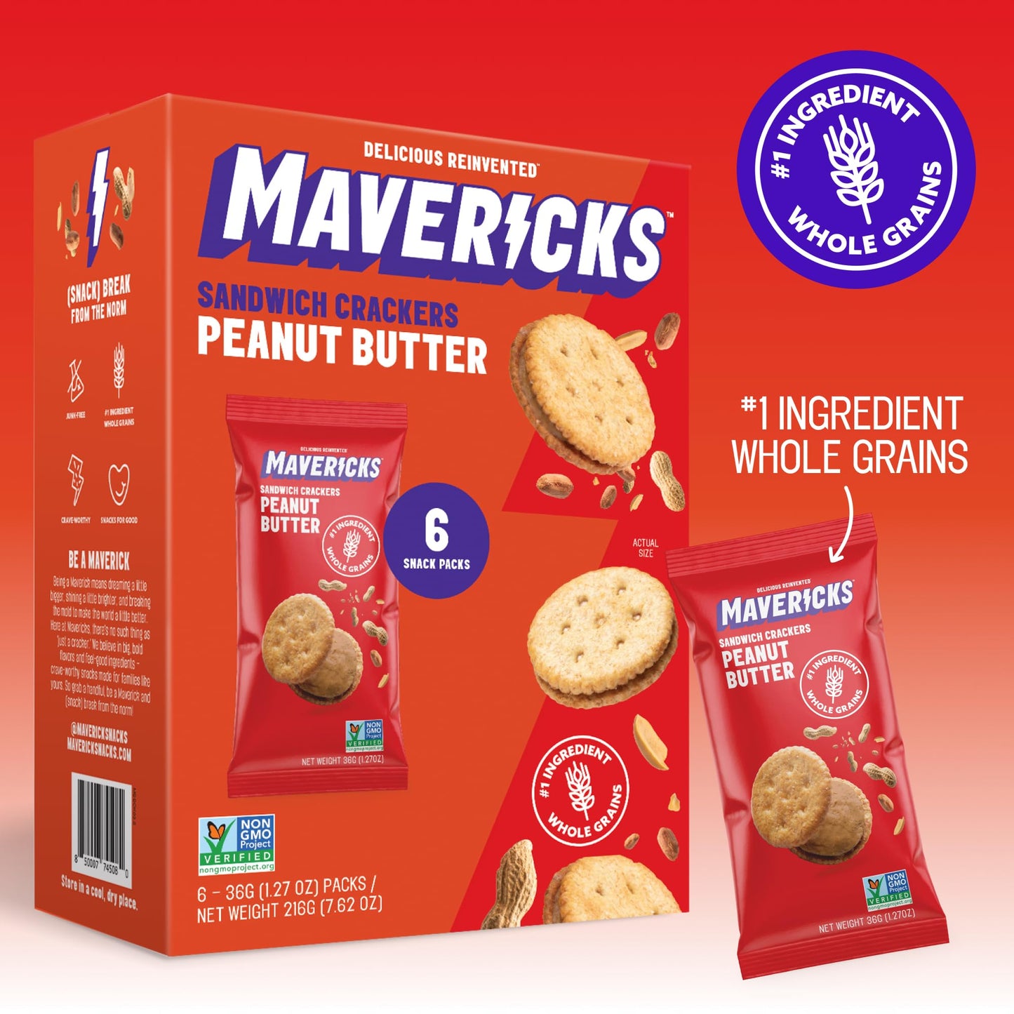 Mavericks Sandwich ers Peanut Butter - Plant-Based Peanut Butter Sandwich Snack ers Whole Grain Non-GMO - 1 Box (6 Snack Packs)