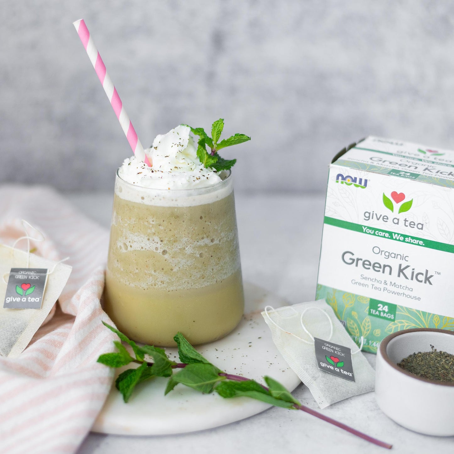 Now Foods, Certified Organic Green Kick Tea, With Polyphenols, Premium Unbleached Tea Bags With No-Staples Design, No Added Colo