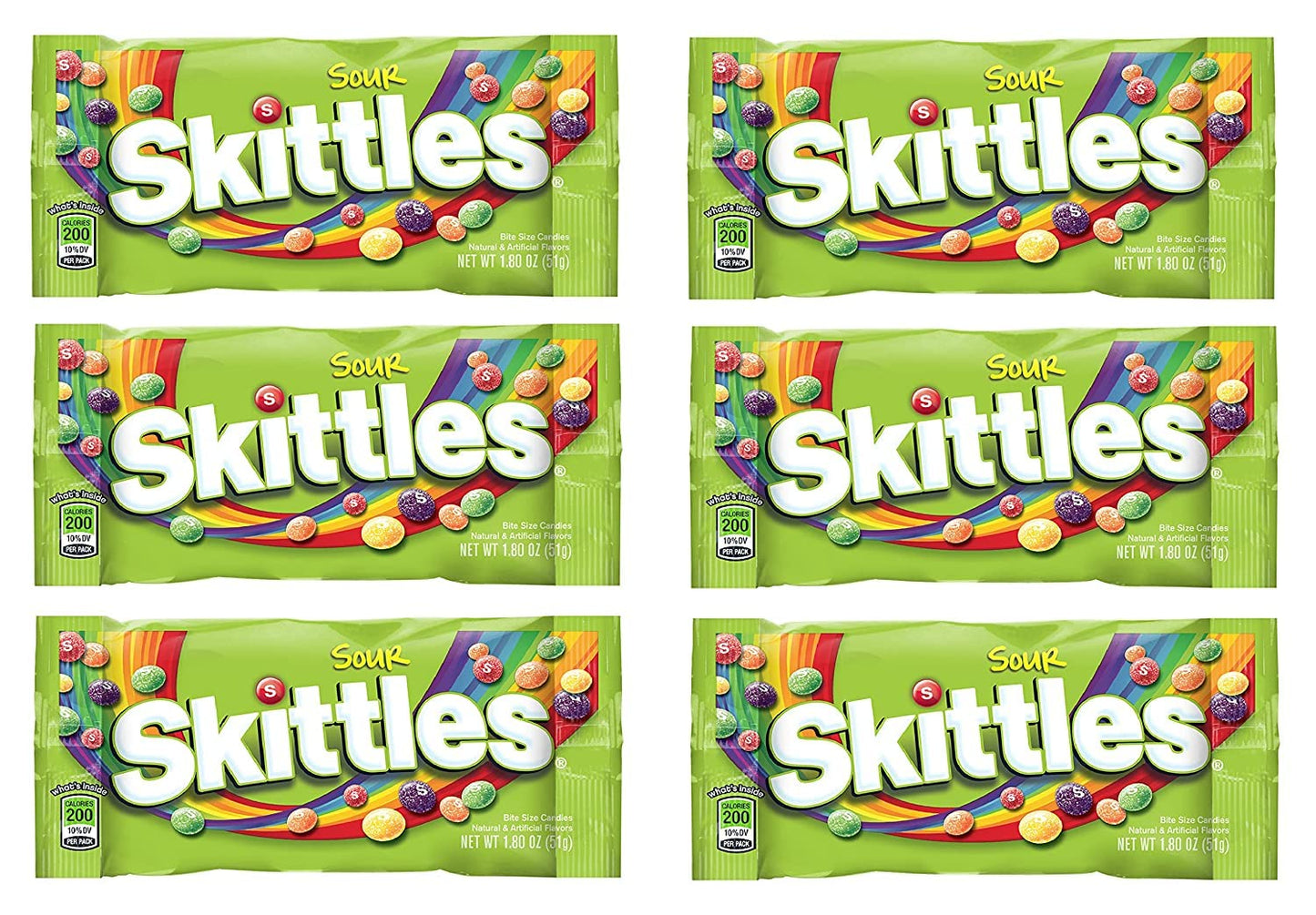 Skittles - Original, Wild Berry, Tropical, Smoothies, Sour, Brightside, All Lime - Full Size, Bite Size Candy, Individual Packs - Great For Holidays, Parties, Gifts & More ! (Sour - 1.8 Ounce, 6 Count)
