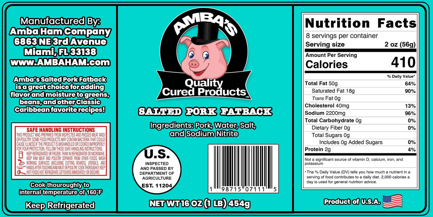 Salted Pork Fatback (Skin On), Net Weight 16oz (1lb) Vacuum Packed Bag, Used For Flavoring And Seasoning In Traditional Southern