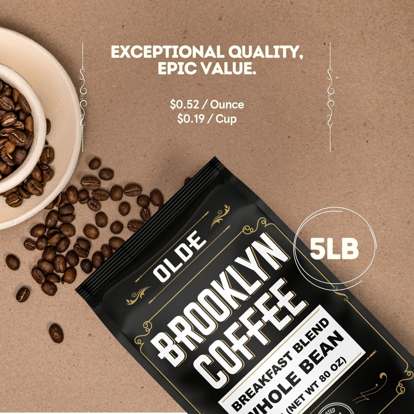 Brooklyn Coffee Whole Bean, Breakfast Blend Light Medium Roast (5Lb) Delicate, Smooth, Low Acidity - Fresh Bulk Coffee Beans Roa