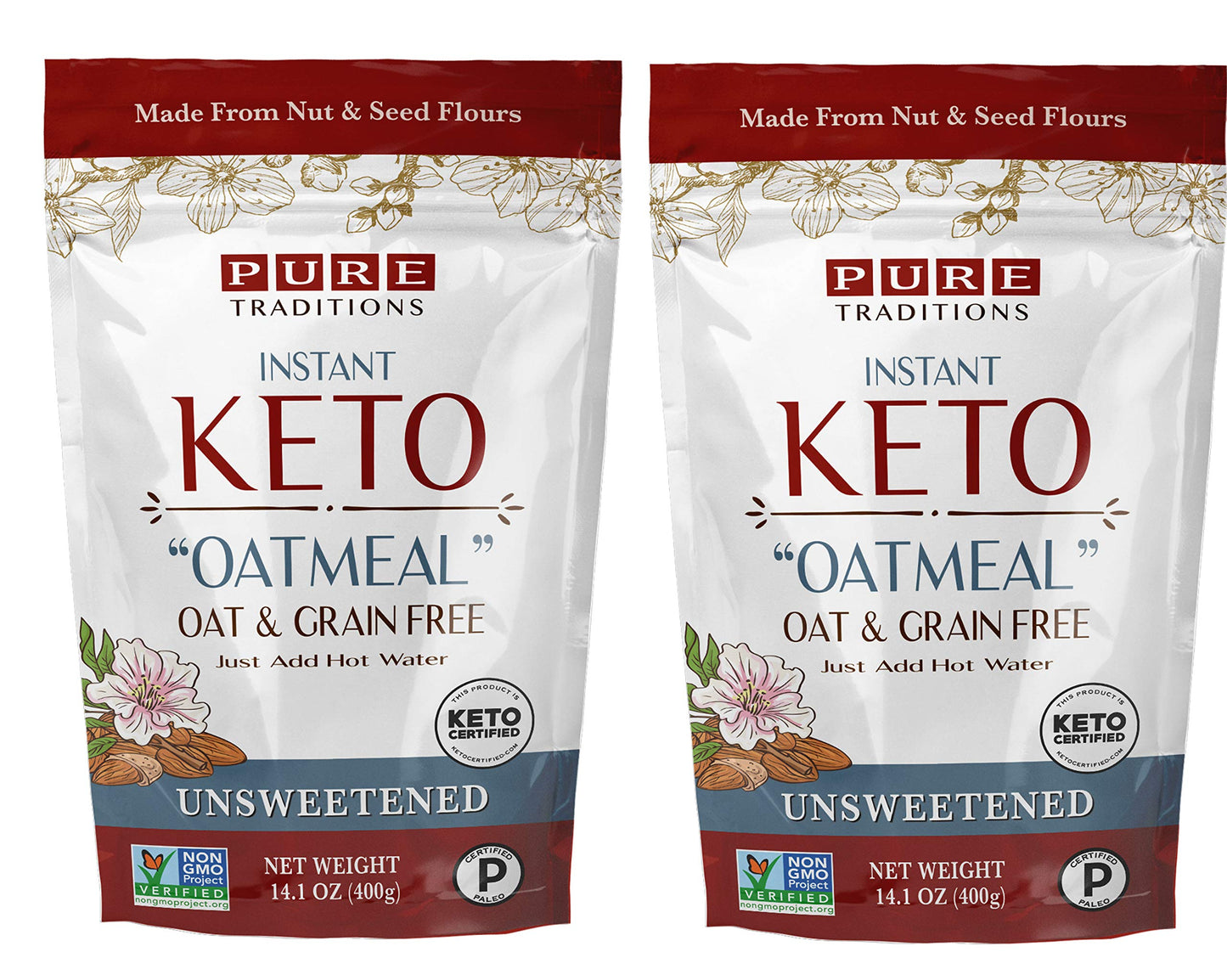 Keto Oatmeal, Instant Hot Cereal, Unsweetened, Certified Paleo, Keto Certified, Gluten & Grain Free (14.1 Oz) (2 Pack)