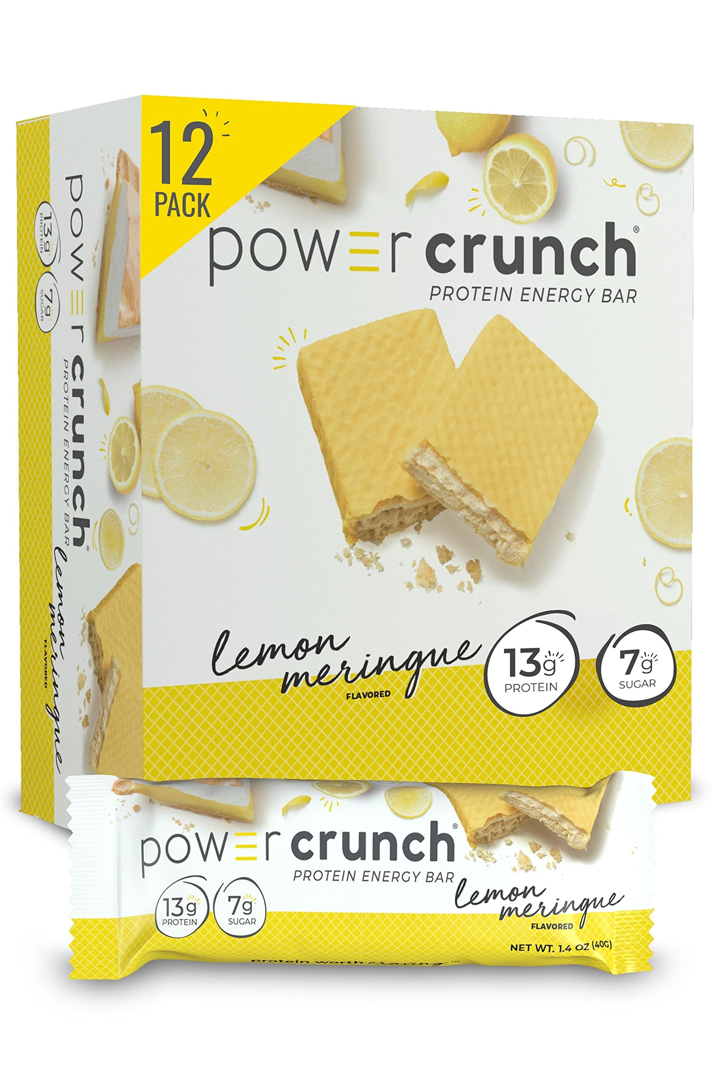 Power Crunch Protein Wafer Bars, High Protein Snacks With Delicious Taste, Lemon Meringue, 1.4 Ounce (12 Count)