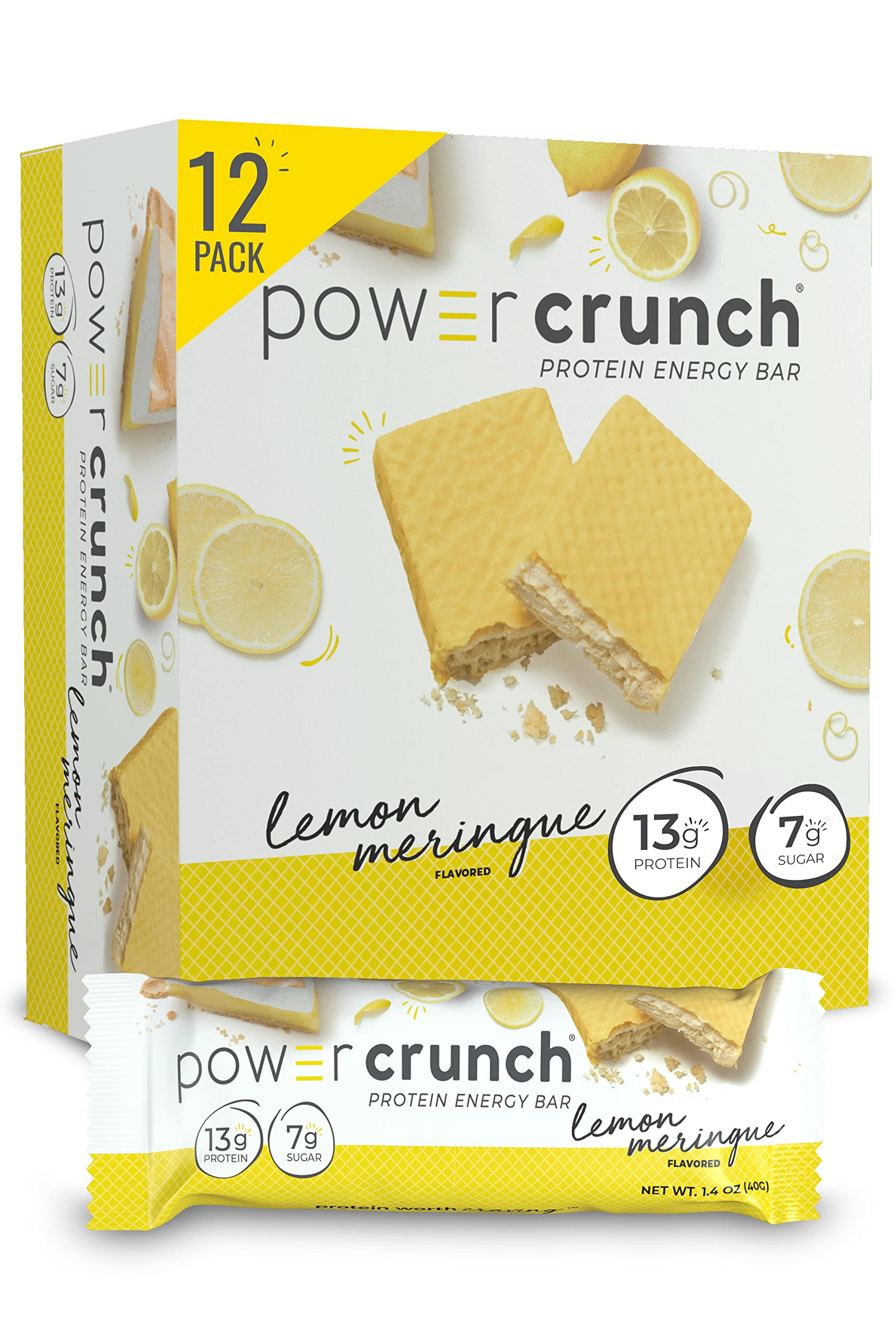 Power Crunch Protein Wafer Bars, High Protein Snacks With Delicious Taste, Lemon Meringue, 1.4 Ounce (12 Count)