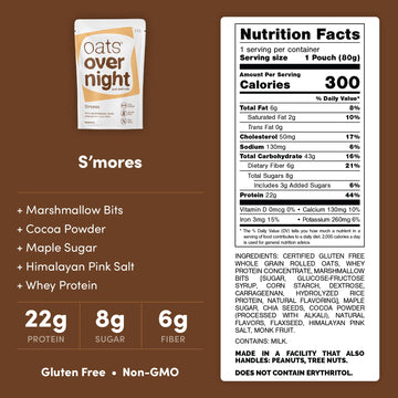Oats Overnight Smores Overnight Oats, 22g Protein, Gluten Free, High Fiber, 2.8 oz (Pack of 16)