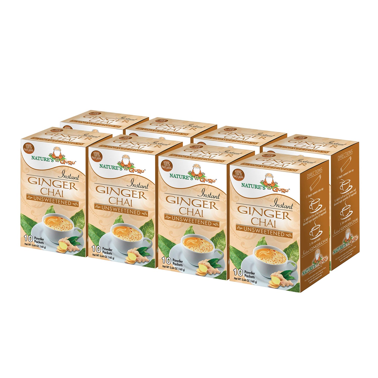 Nature'S Guru Instant Ginger Chai Tea Drink Mix Unsweetened 10 Count Single Serve On-The-Go Drink Packets (Pack Of 8), 5.64 Ounc