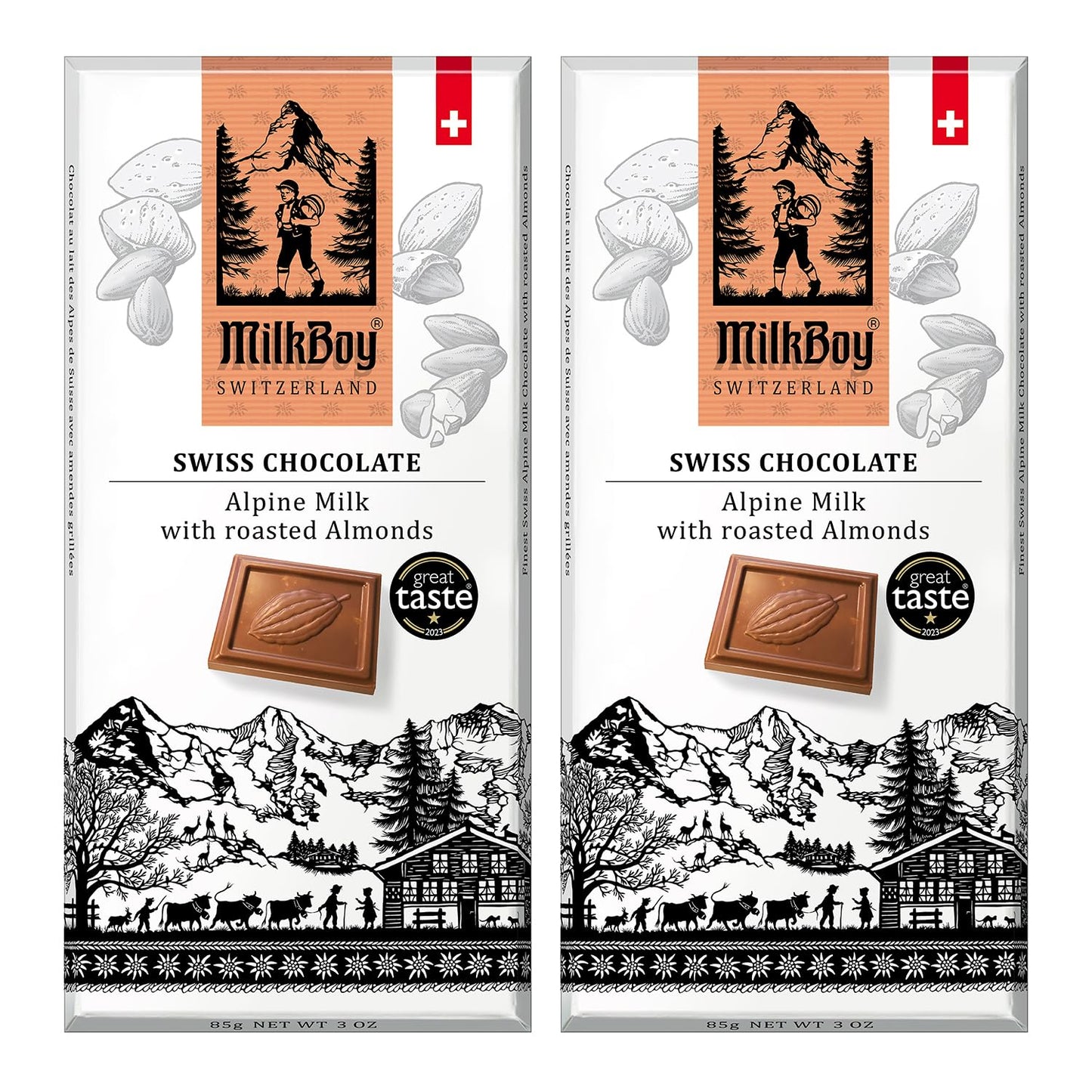 Milkboy Swiss Chocolates Almond Chocolate Bars - Top-Grade Swiss Alpine Milk Chocolate With Almonds - All Natural Gluten-Free Non-Gmo - Made In Switzerland Kosher - 3 Oz Pack 2