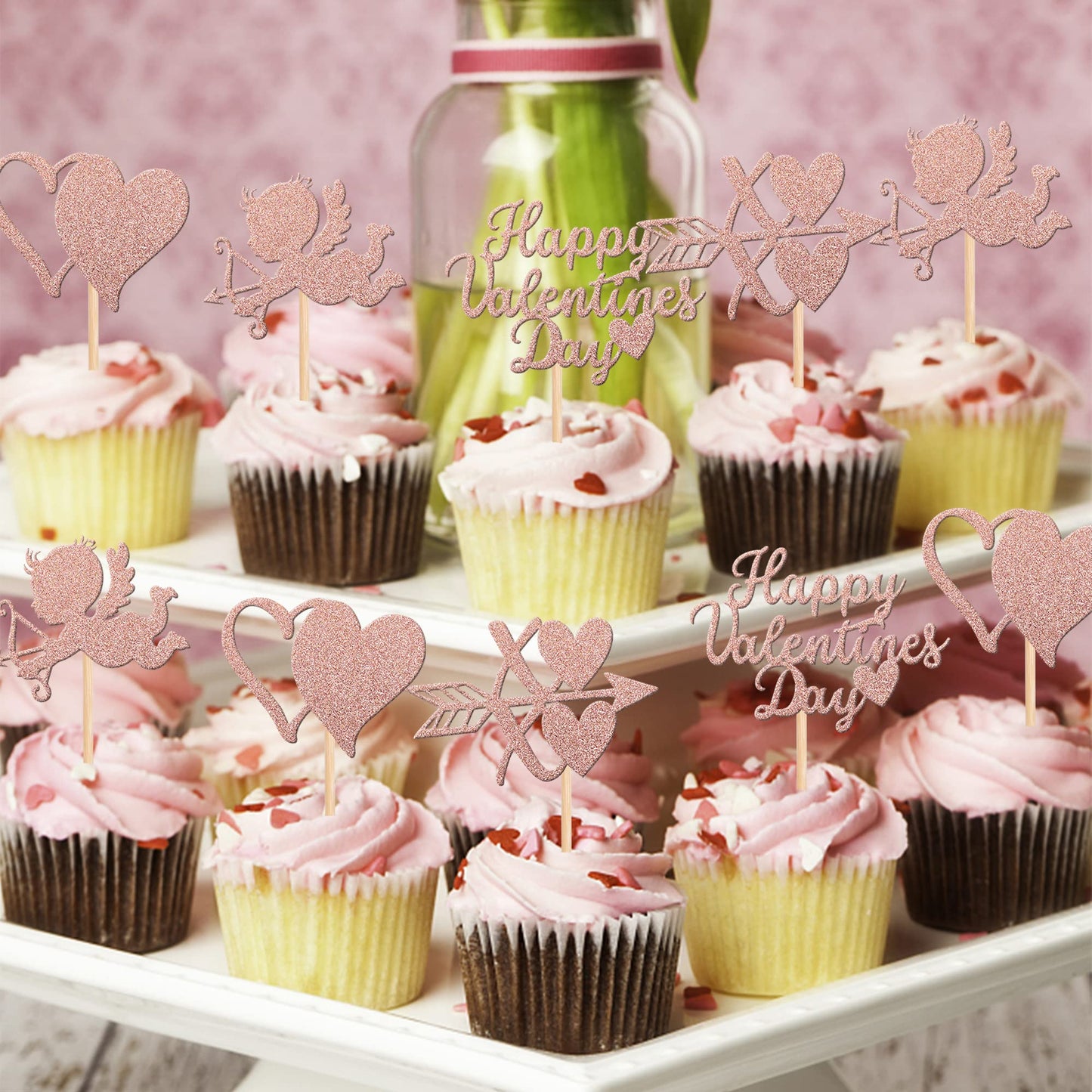 ZHUOWEISM 24 PCS Cupcake Toppers - Rose Gold Glitter Heart Picks for Valentines Day, Weddings, and Showers