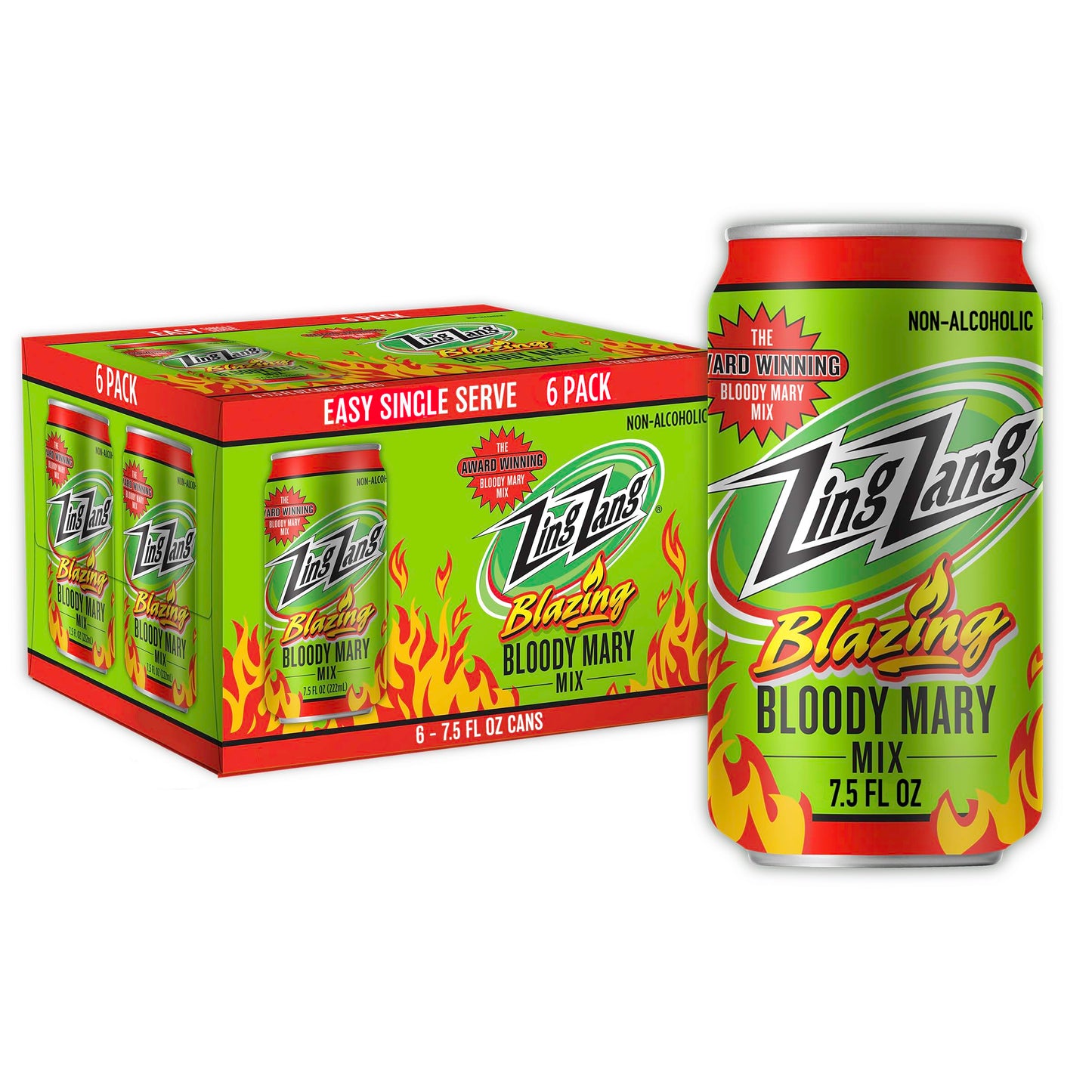 Zing Zang Blazing Bloody Mary Mix, Non-Alcoholic Cocktail Mixer, 7.5 Fl Oz Cans, Pack of 6