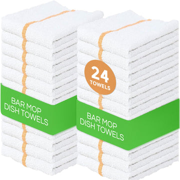 Towels N More 24 Gold Stripe Cleaning Towels For Kitchen, 16X19 Bar Mop Dish Towels - 30Oz Commercial Grade Cotton Absorbent Reu