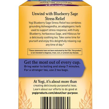 Yogi Tea Blueberry Sage - Stress Relief Tea Bags, 16 Count (Pack of 4) - Calming Herbal Blend with Ashwagandha, Hibiscus & More