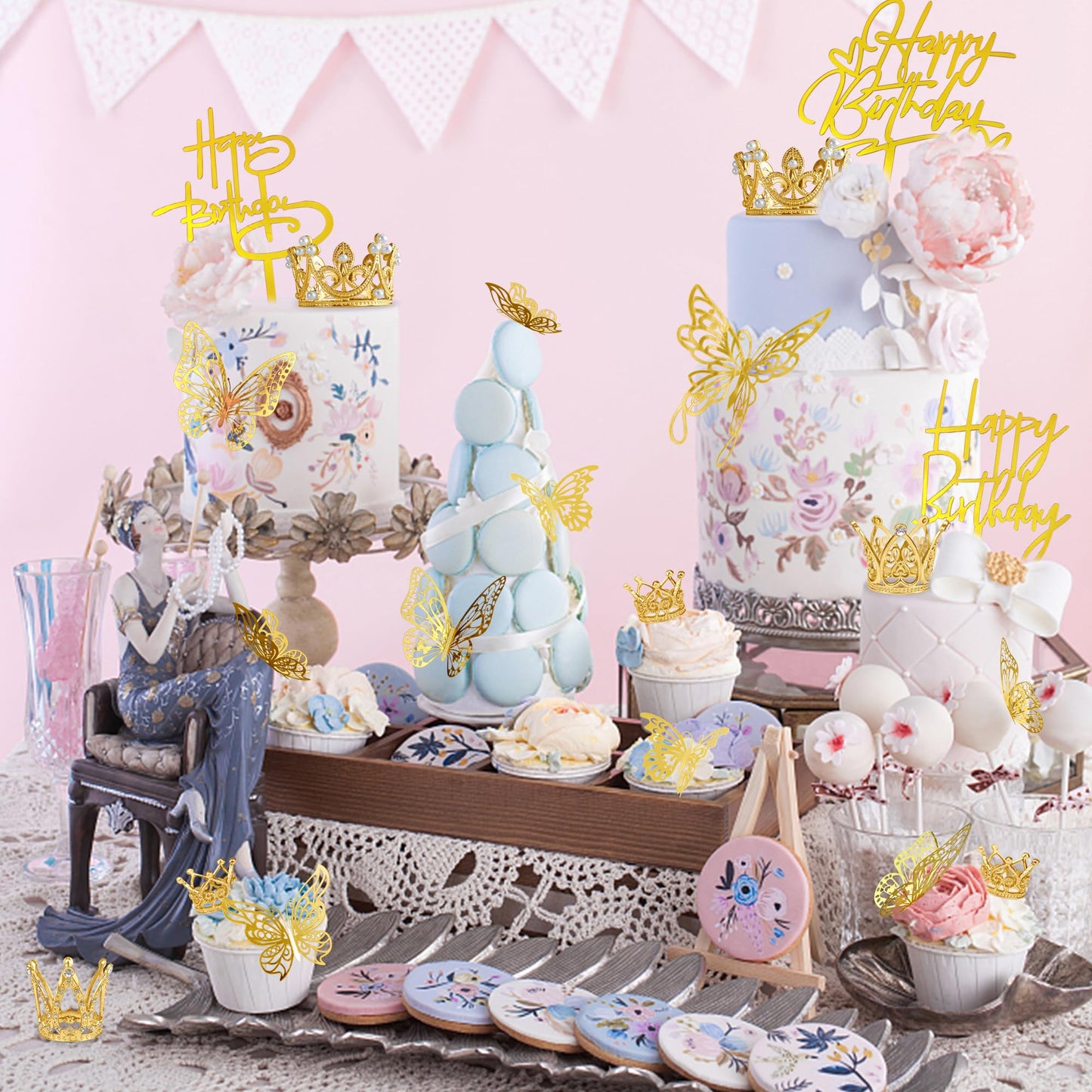 44 Pcs Gold Crown Cake Decoration 16 Pcs Mini Crown Tiny Crown With 24 Pcs Butterfly Wall Decors And 4 Pcs Birthday Cake Topper