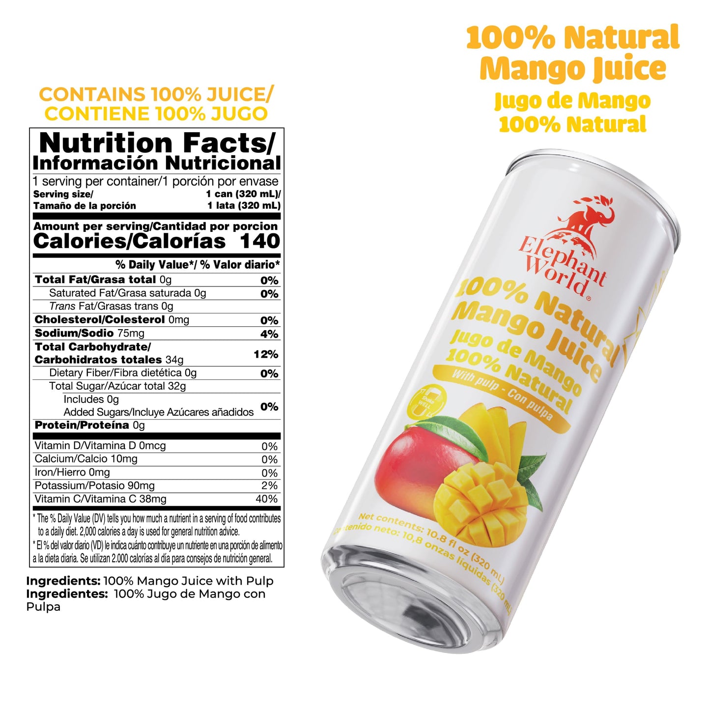 Elephant World 100% Natural Mango Juice | Non Gmo | 10.8 Oz (Pack Of 6), Mango