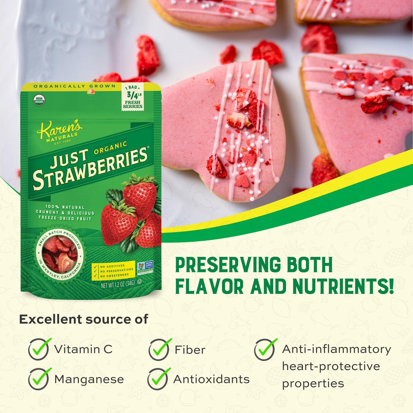 Karens Naturals Organic Freeze-Dried Strawberries, 1.2oz, Pack of 12 - Crunchy, Flavor Packed Freeze Dried Fruit Snack, Organic