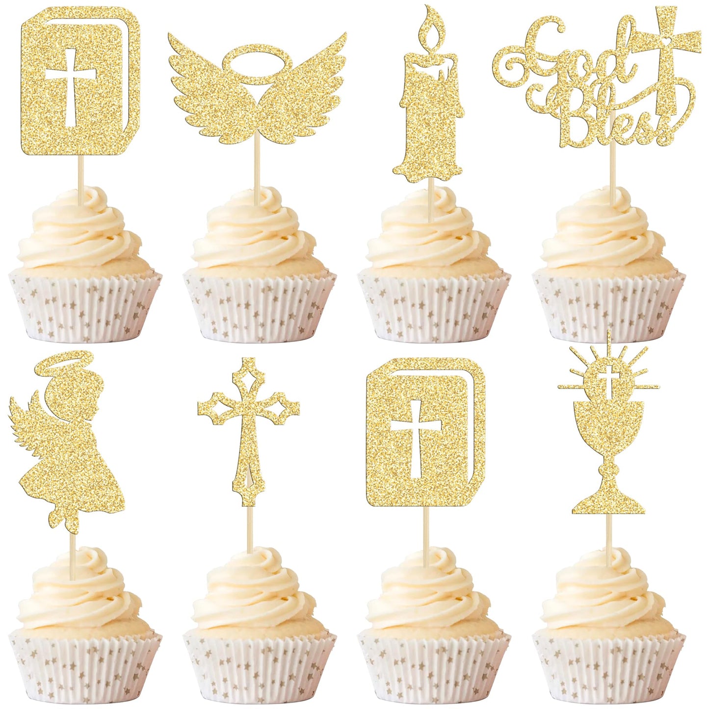 Gyufise 28Pcs God Bless Cupcake Toppers Gold Glitter Girls Baptism Cupcake Toppers Angel Chalice Bible Cross Cupcake Picks Chris
