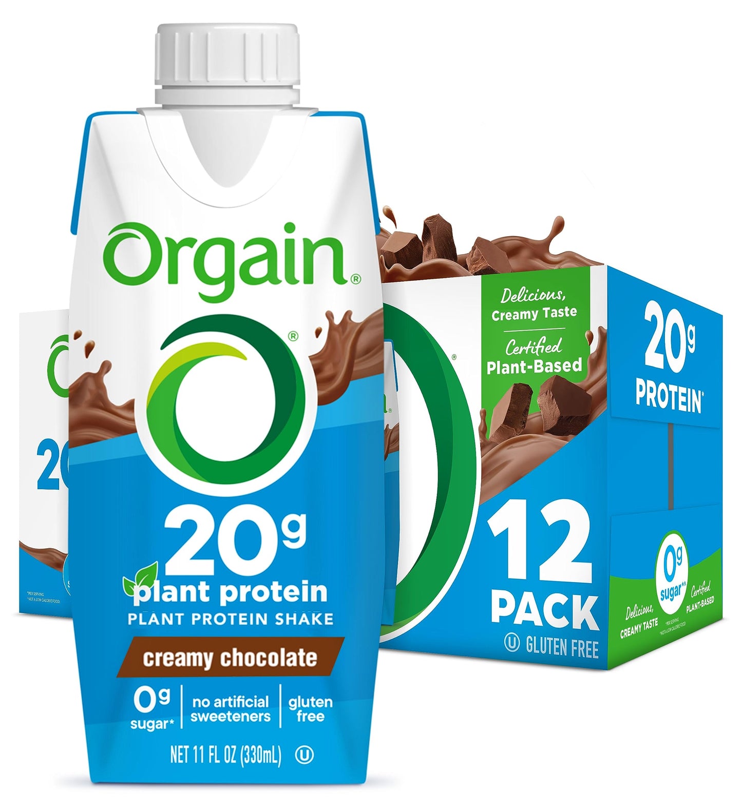 Orgain Organic Vegan Protein Shake - 20g Plant Based Protein, Ready to Drink, 11 Fl Oz, Chocolate Flavor, Gluten Free, Pack of 12