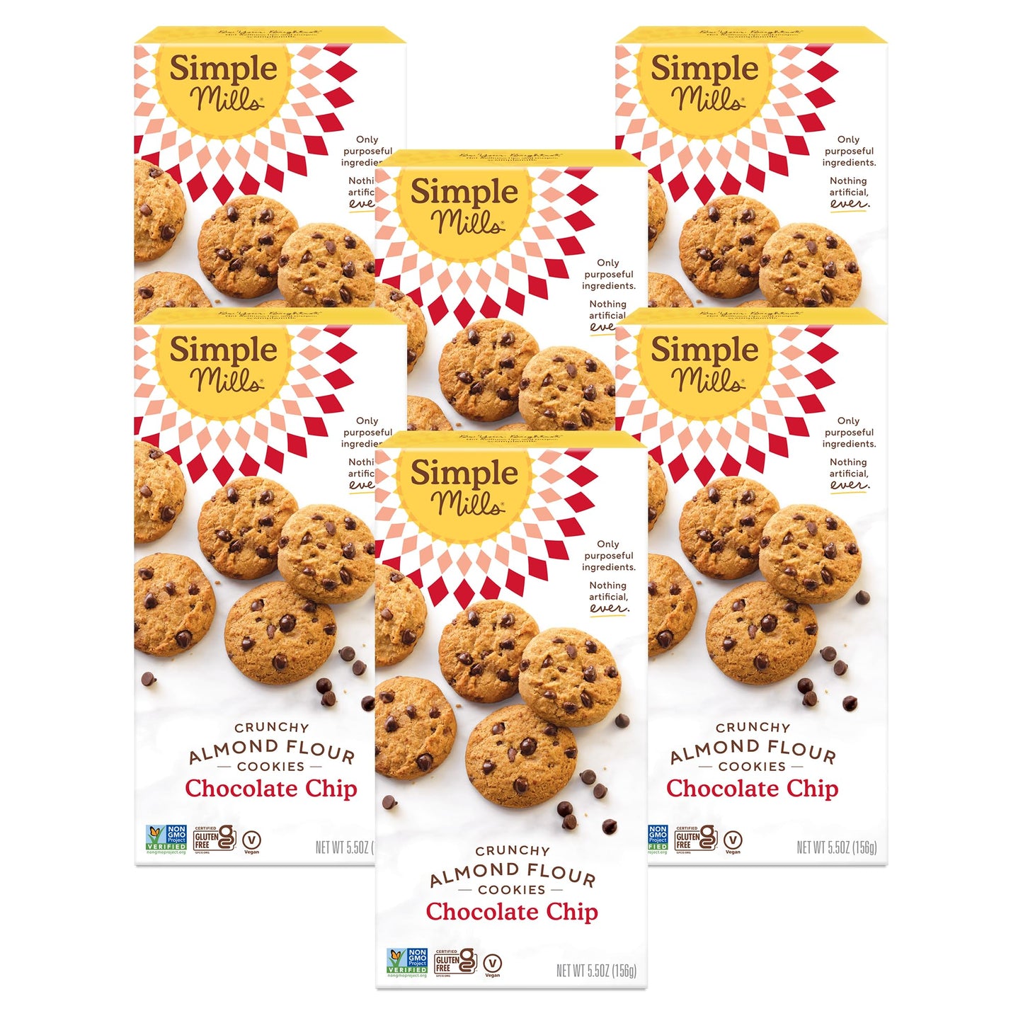 Simple Mills Almond Flour Crunchy Cookies, Chocolate Chip - Gluten Free, Vegan, Healthy Snacks, Made With Organic Coconut Oil, 5.5 Ounce (Pack Of 6)