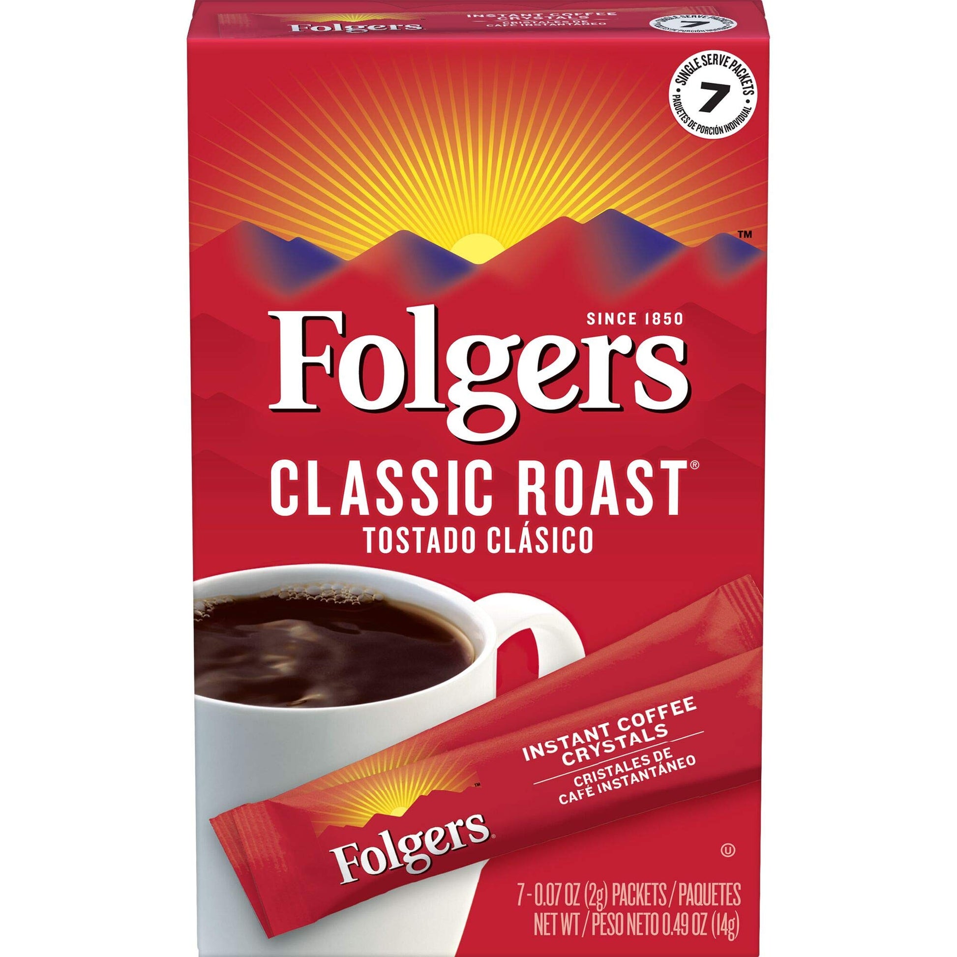 Folgers Classic Roast Instant Coffee Crystals, 7 Single Serve Packets (Pack Of 12)