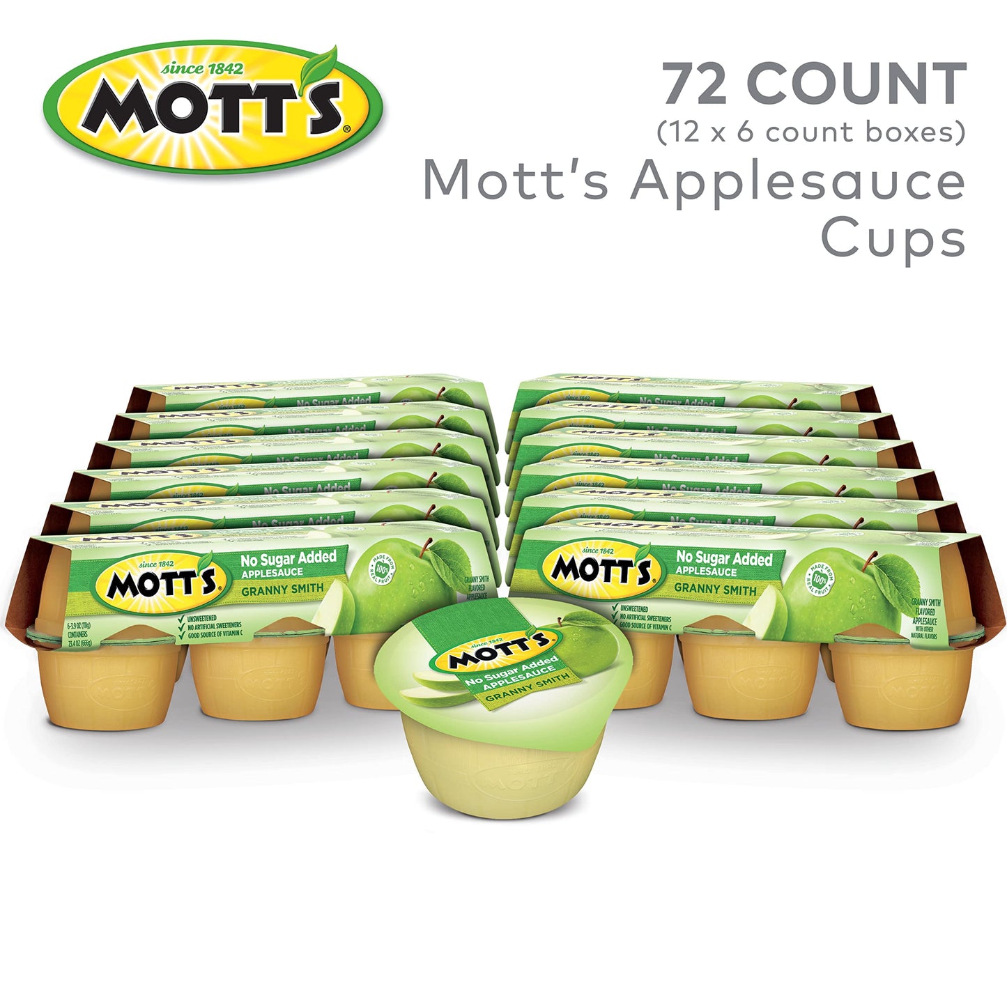 Mott'S No Sugar Added Granny Smith Applesauce, 3.9 Oz Cups, 72 Count (12 Packs Of 6), Good Source Of Vitamin C, No Artificial Fl