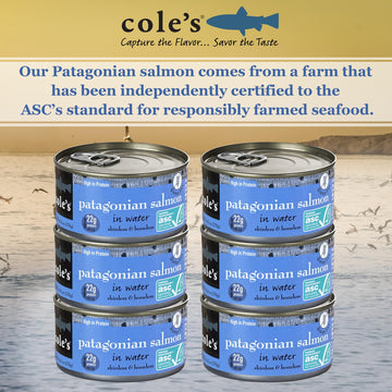 Coles - Patagonian Salmon In Water - Boneless | Skinless | Canned Salmon-Seafood Rich In Protein - 6.0 Oz Each Container- 1 Pk