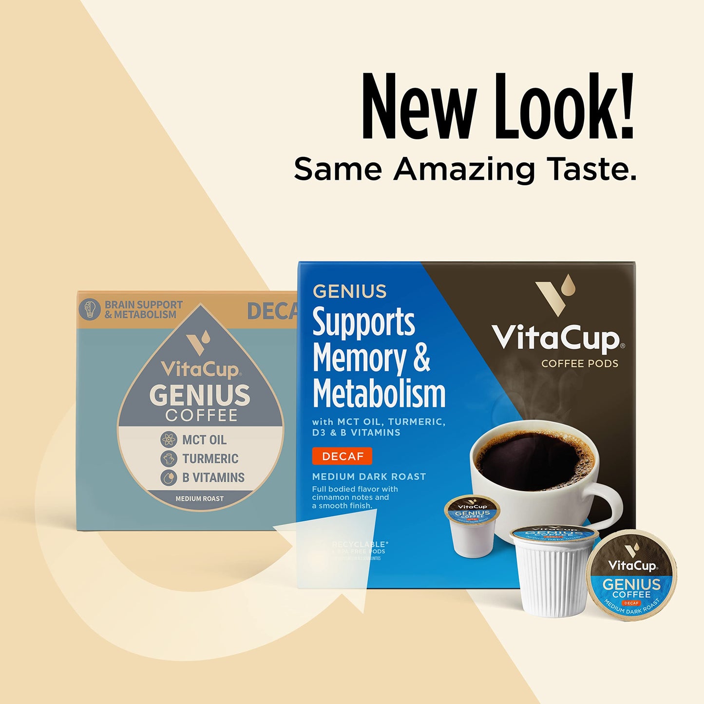 VitaCup Decaf Genius Keto Coffee Pods with MCT Oil, Turmeric & Vitamins, 64 Count, Compatible with K-Cup malt-inspired