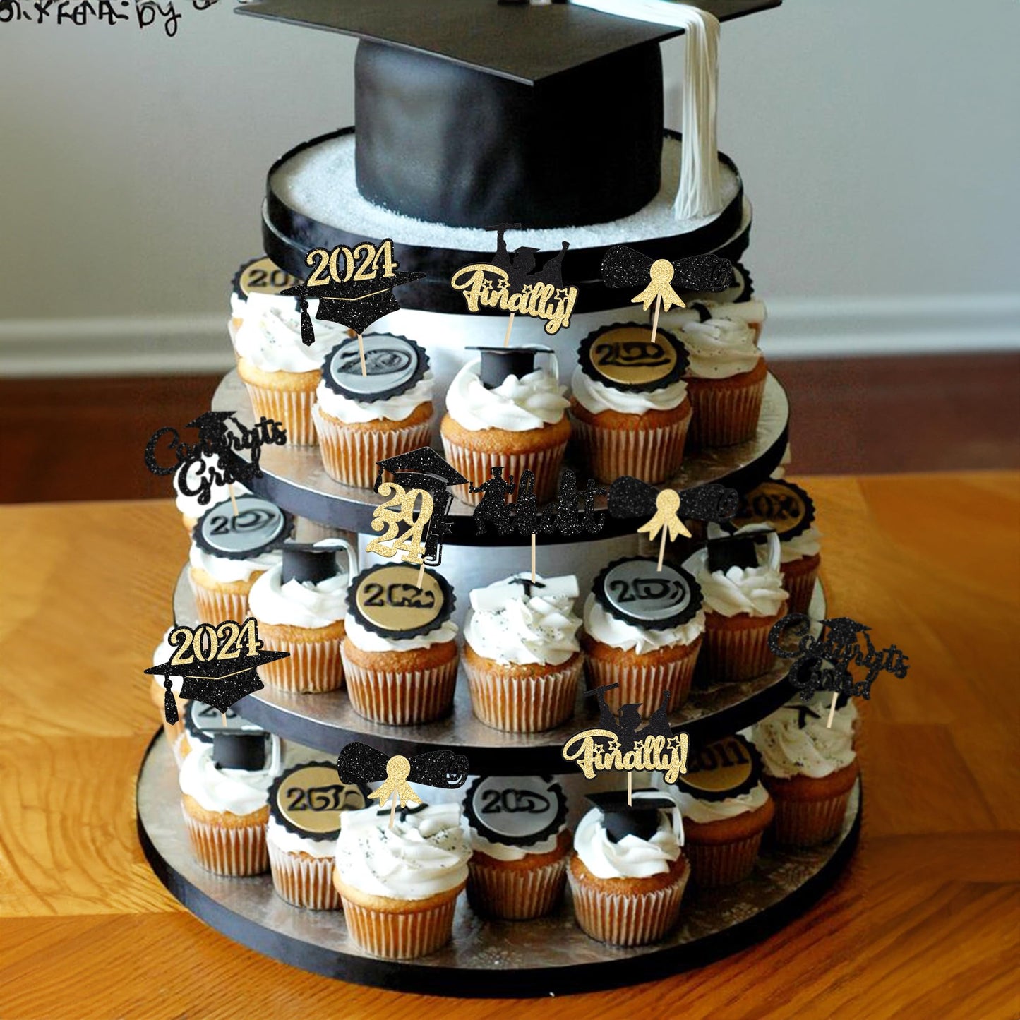 Gyufise 24Pcs Black Gold Glitter 2024 Graduation Theme Cupcake Toppers Glitter Class Of 2024 Diploma Finally I Did It Congrats G