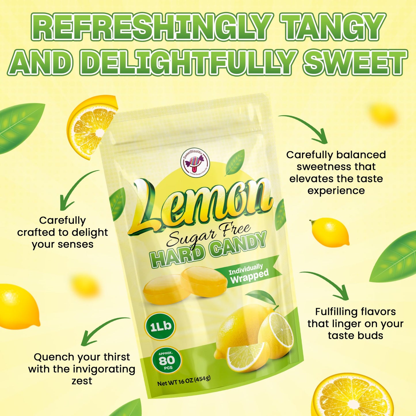 SweetBlissMix Sugar-Free Lemon Drops – Keto-Friendly, Diabetic Safe, 1lb Individually Wrapped Citrus Hard Candy