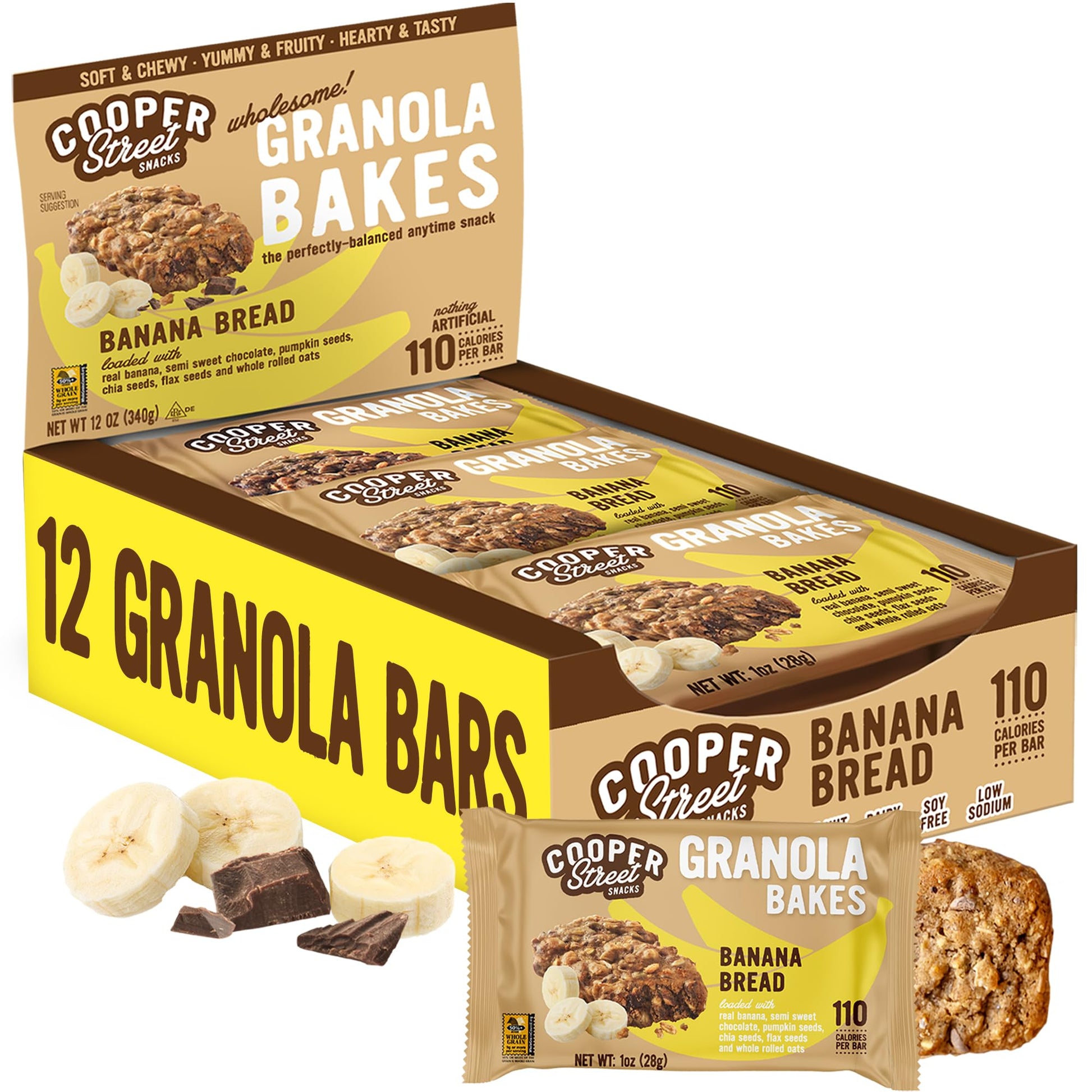 Cooper Street Banana Bread Granola Bakes (12 pack) - Individually Wrapped Soft and Chewy Breakfast Granola Bars - Nut, Dairy & S