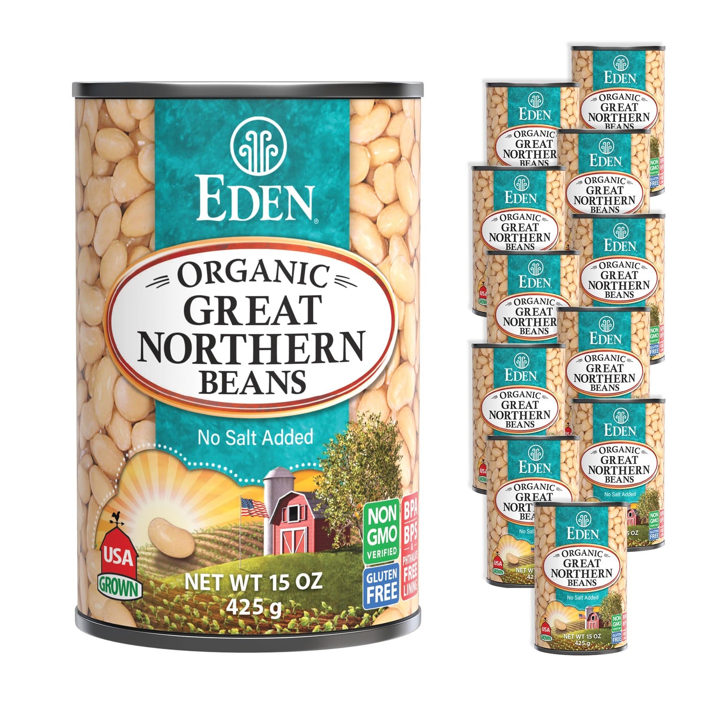 Eden Organic Great Northern Beans (White Beans), 15 oz Can (12-Pack Case), No Salt Added, Non-GMO, Gluten Free, U.S. Grown, Heat