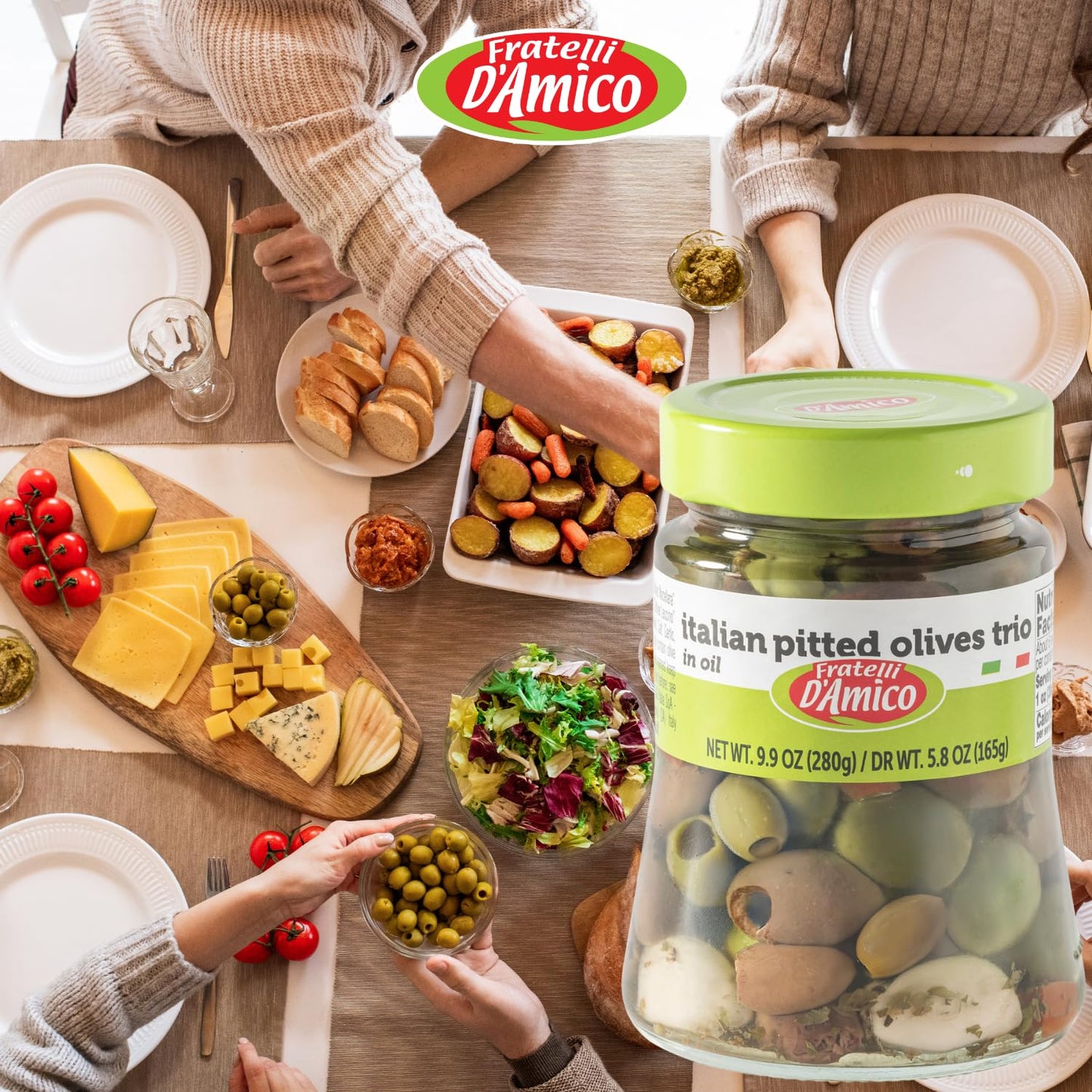 FRATELLI DAMICO Italian Olives Mix, Pitted with Garlic & Peppers, 9.9 oz, Gourmet Mediterranean Trio in Oil
