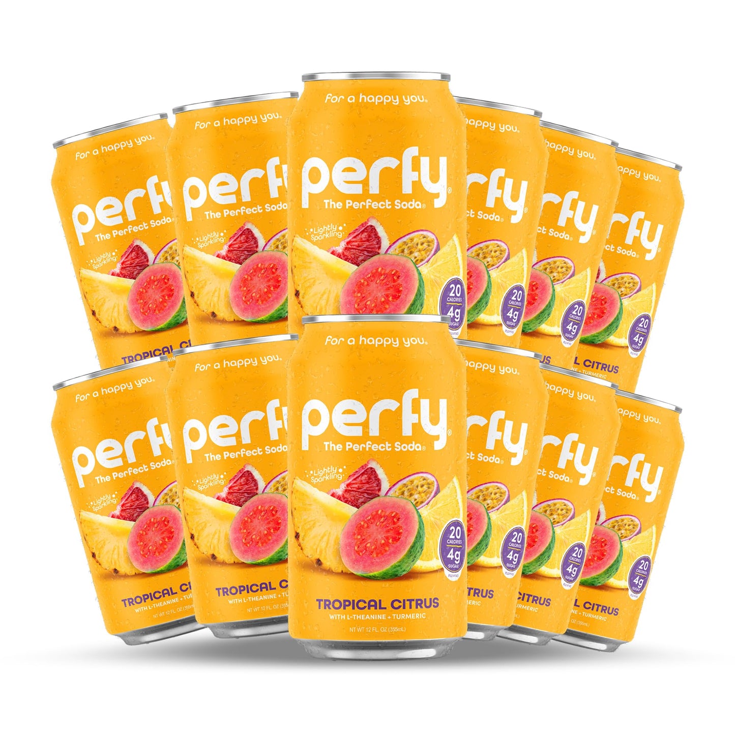 Perfy Energy Blend Free Tropical Citrus Soda | Made With Real Fruit Juice - Low Sugar Nootropic Drink With L-Theanine + Turmeric | Calming Adaptogen Mocktail | Keto + Glp-1 Friendly | (12-Pack Healthy Functional Soda Alternative)
