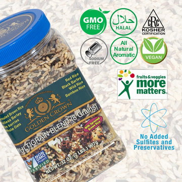 Golden Crown Indian Basmati Multigrain Blend, Naturally Fragrant Sweet Flavorful Sprouted Brown + Red Black Barley Wild Rice Bam