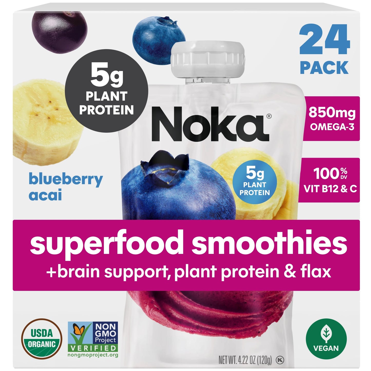 Noka Superfood Fruit Smoothie Pouches, Blueberry Acai, Healthy Snacks with Flax Seed, Prebiotic Fiber and Plant Protein, Vegan a