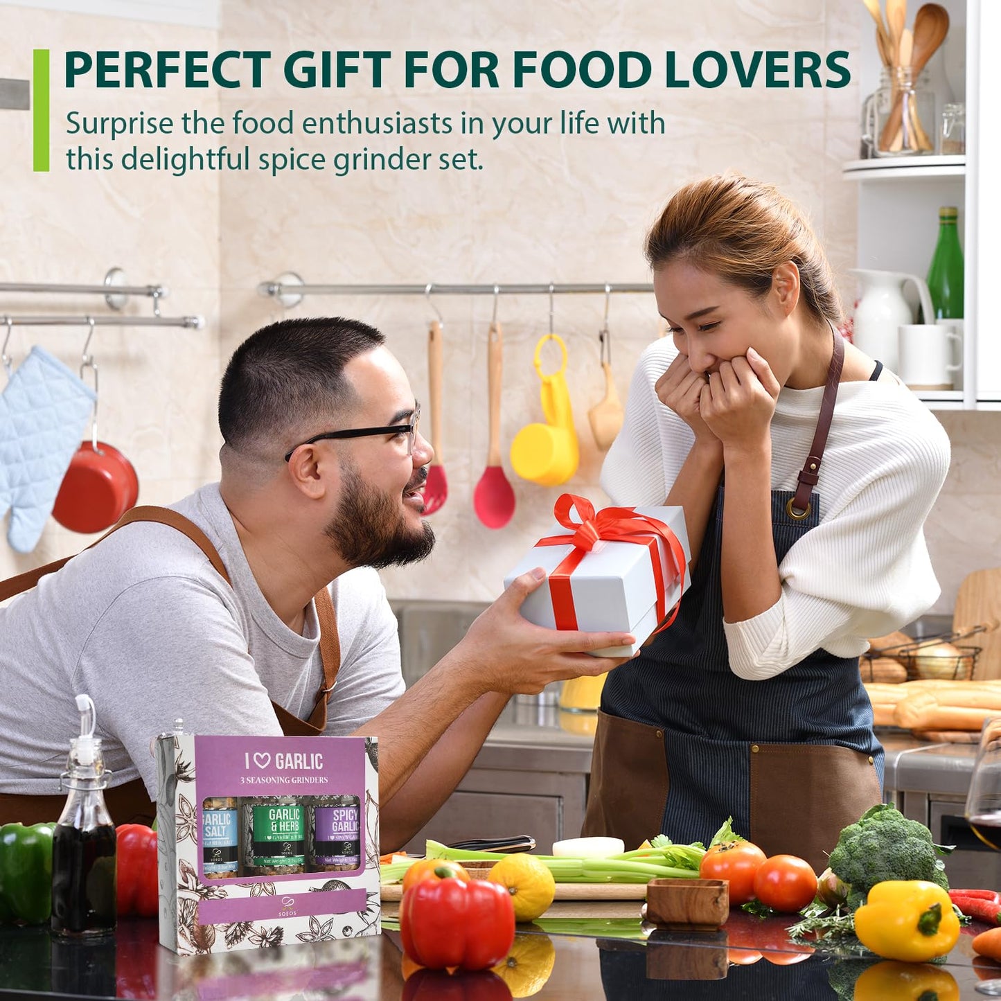 Soeos Spice Seasoning Set of 3 with Integrated Grinders, Spicy Garlic, Garlic & Herbs, Garlic Salt, Seasoning Gift Set.