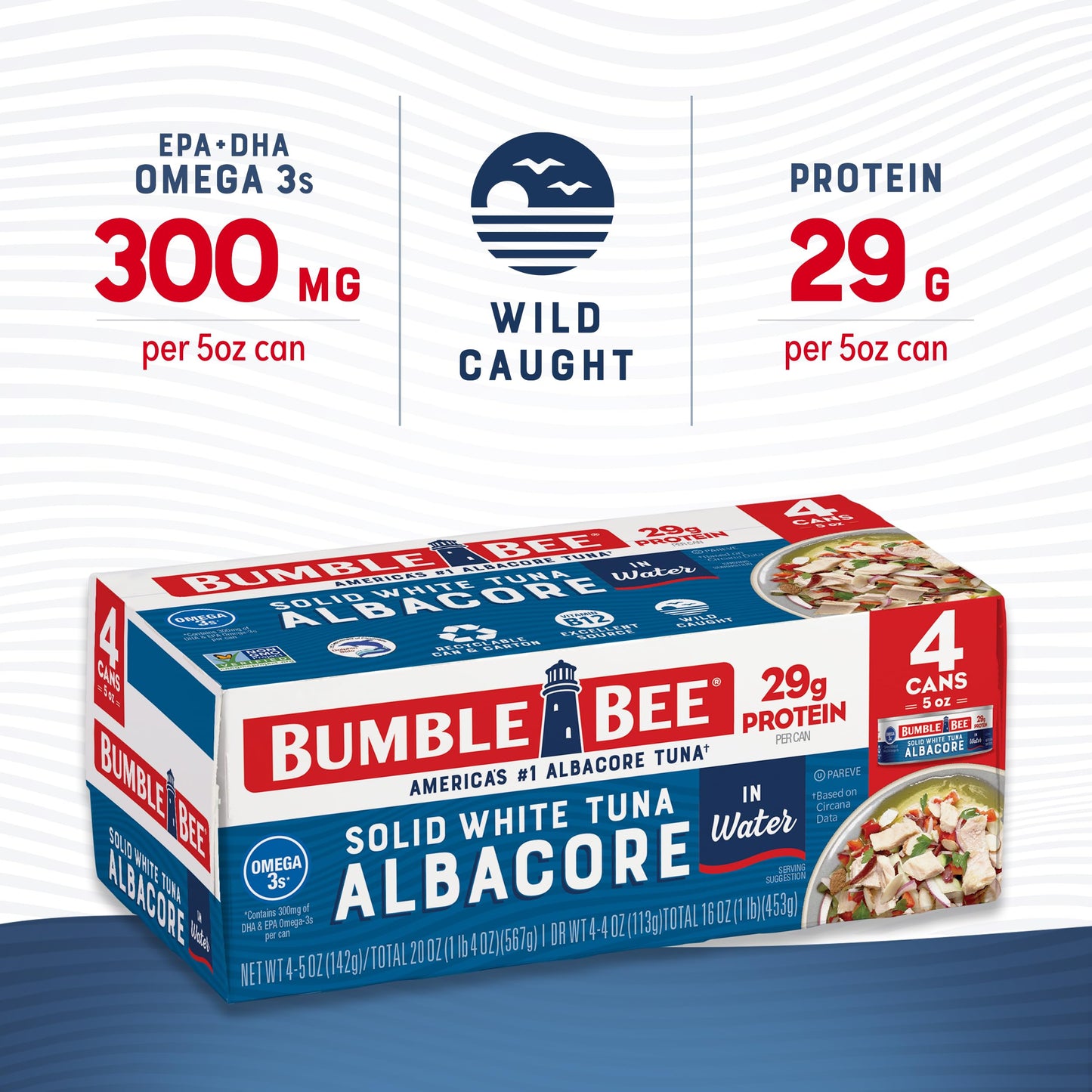 Bumble Bee Solid White Albacore Tuna In Water, 5 Oz Can (Pack Of 4) - Wild Caught Tuna - 29G Protein Per Serving, High In Omega-3S - Non-Gmo Project Verified, Gluten Free, Kosher