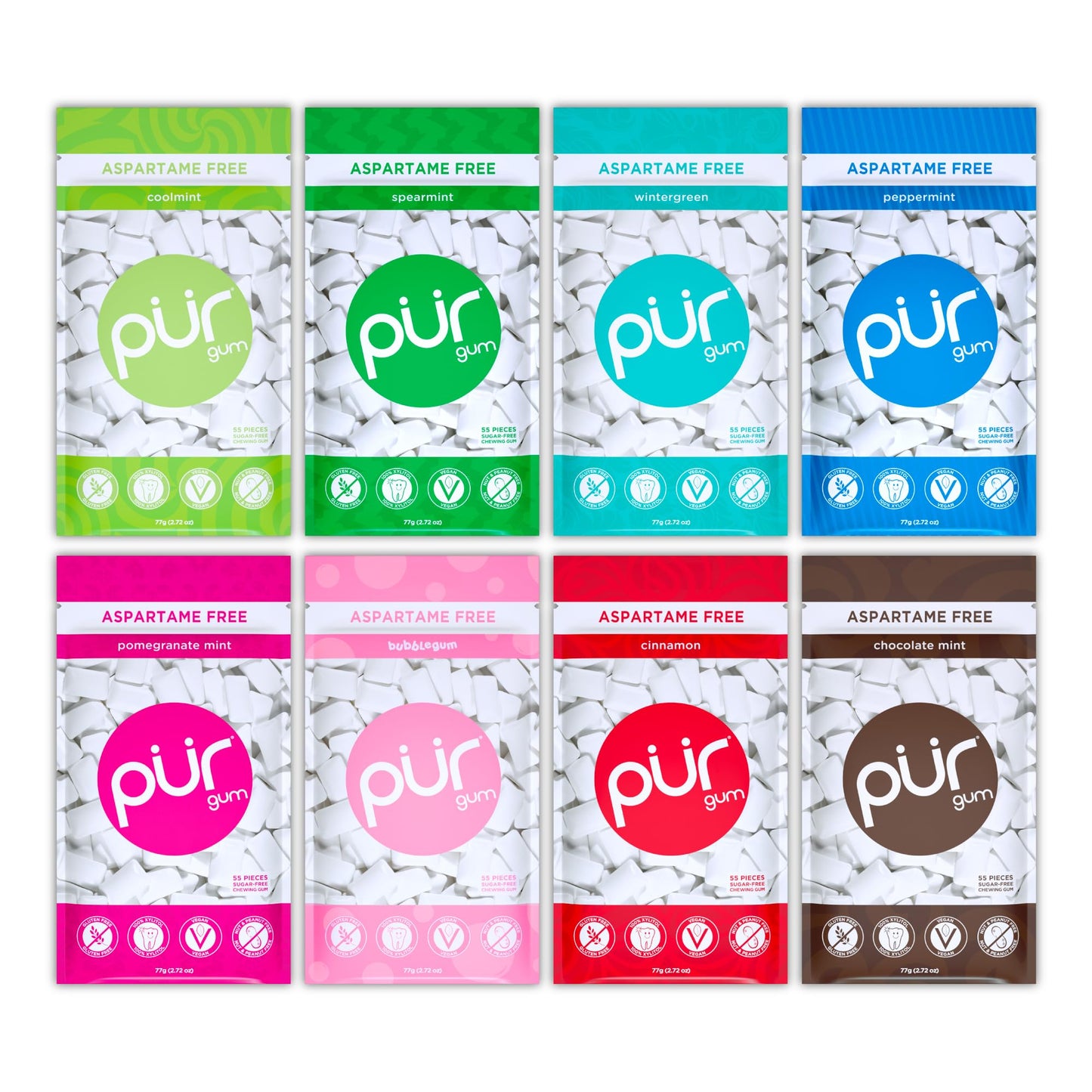 Pur Gum | Aspartame Free Chewing Gum | 100% Xylitol | Natural Flavored Gum Variety Pack 55 Pieces (Pack Of 8)