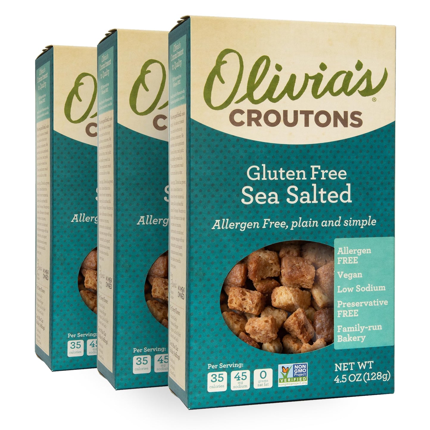 Olivias Gluten Free Sea Salt Flavor Croutons For Salad - Crunchy Garlic Soup Crouton - Made From Allergen Free & Gluten-Free Artisan Bread -Vegetarian Made In Usa 4.5 Oz (Pack Of 3)