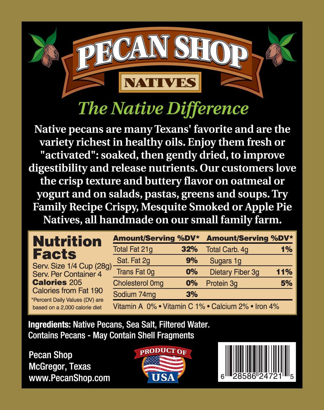 Pecan Shop Native Pecan Halves, Family Recipe Crispy, Soaked and Dried with Sea Salt, 1 Lb.