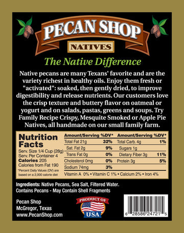 Pecan Shop Native Pecan Halves, Family Recipe Crispy, Soaked and Dried with Sea Salt, 1 Lb.