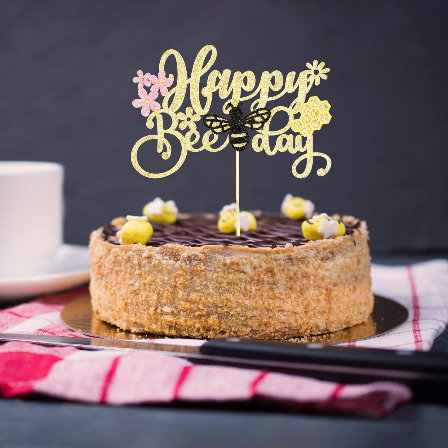 1 Pack Happy Bee Day Cake Topper Black Glitter Bumble Bee Theme Cake Pick Decorations For Baby Shower Kids Birthday Party Suppli