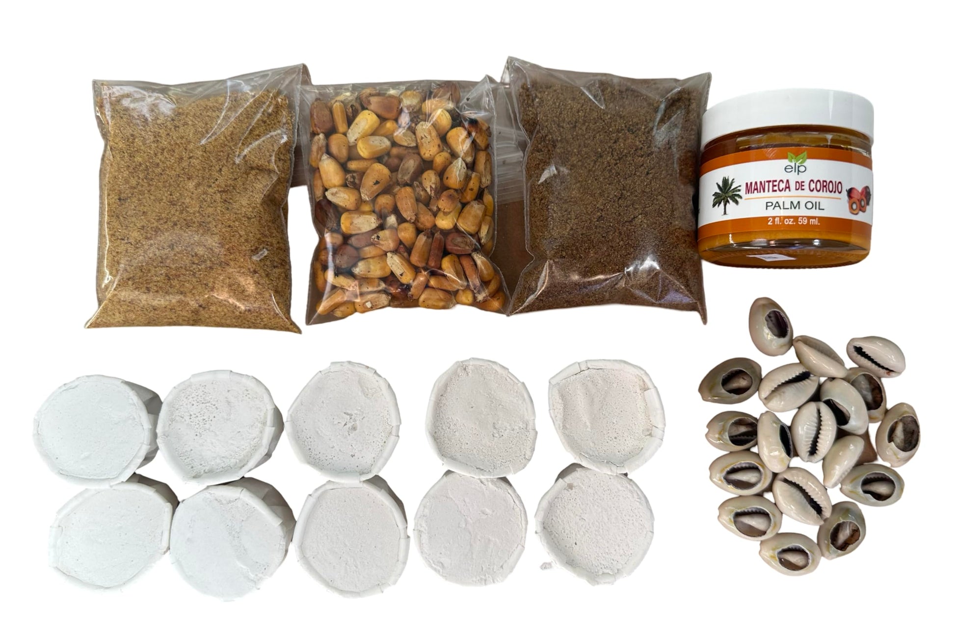 Generic Cascarilla 10 Pack, Manteca de Corojo 2 oz, Maiz Tostado, Jutia y Pescado Ahumado 2 Onzas cada uno y Cowrie Shells Set o